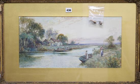 H. Stapleton Hill, watercolour, figures in a river landscape, signed, 27 x 53cm